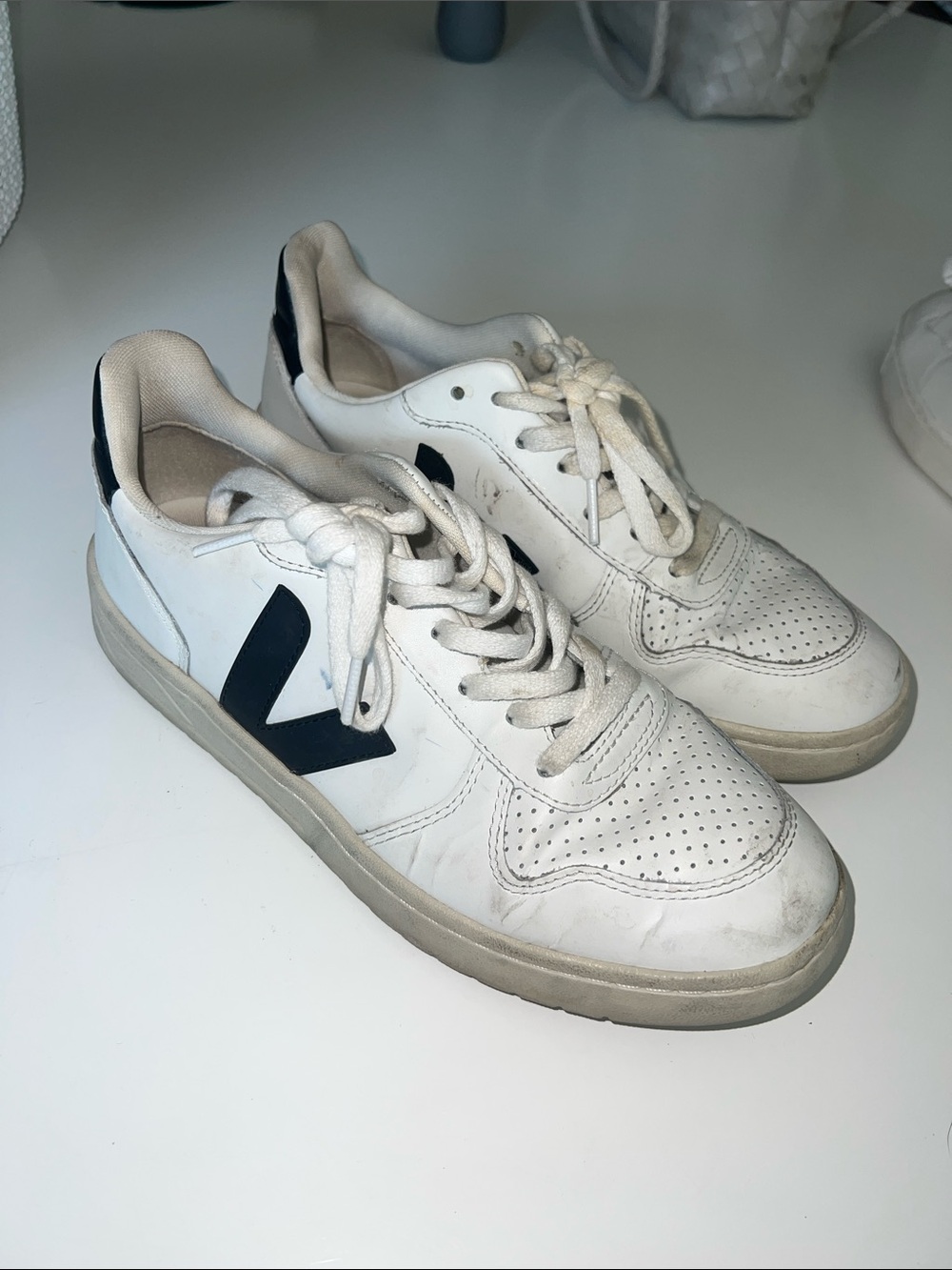 Veja White Leather Sneakers with Black V Detail